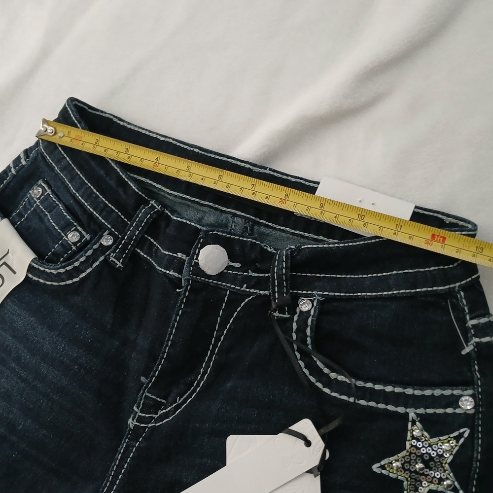 Sky Dark Blue Low Rise Flared Jeans Embroidered Star Accent Juniors Size 7/8 - Picture 8 of 12